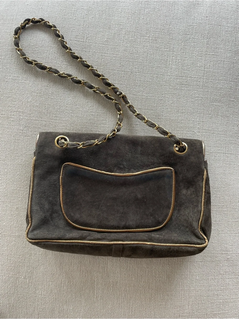 Vintage Meyers Suede Grey Taupe Bag Gold Edges Chain Strap 1970s